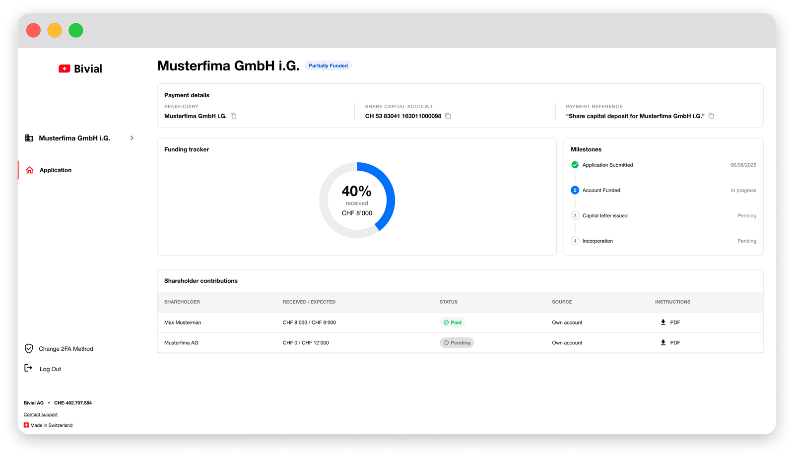 Share Capital Account application in the Bivial dashboard